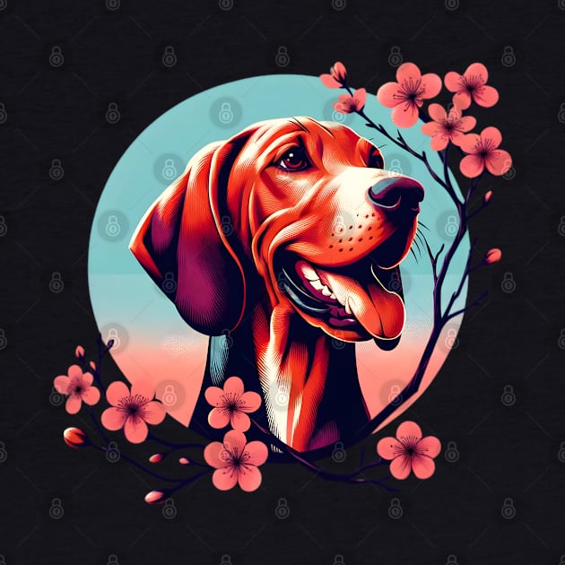 Redbone Coonhound Delights in Spring Cherry Blossoms by ArtRUs